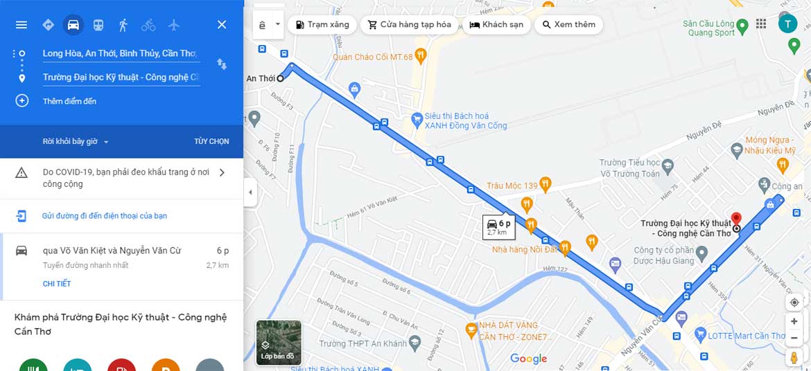 Hướng dẫn đi từ Đại học Kỹ thuật Công Nghệ Cần Thơ đến Cầu Bà Bộ đường Võ Văn Kiệt Cần Thơ