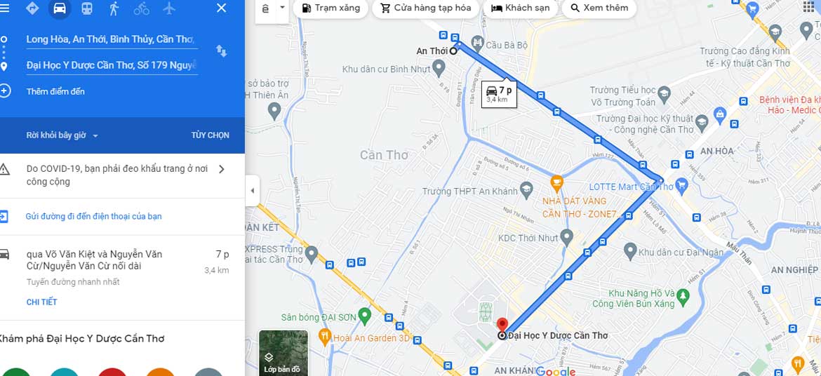 Hướng dẫn đi từ Đại học Y Dược Cần Thơ đến Cầu Bà Bộ đường Võ Văn Kiệt Cần Thơ